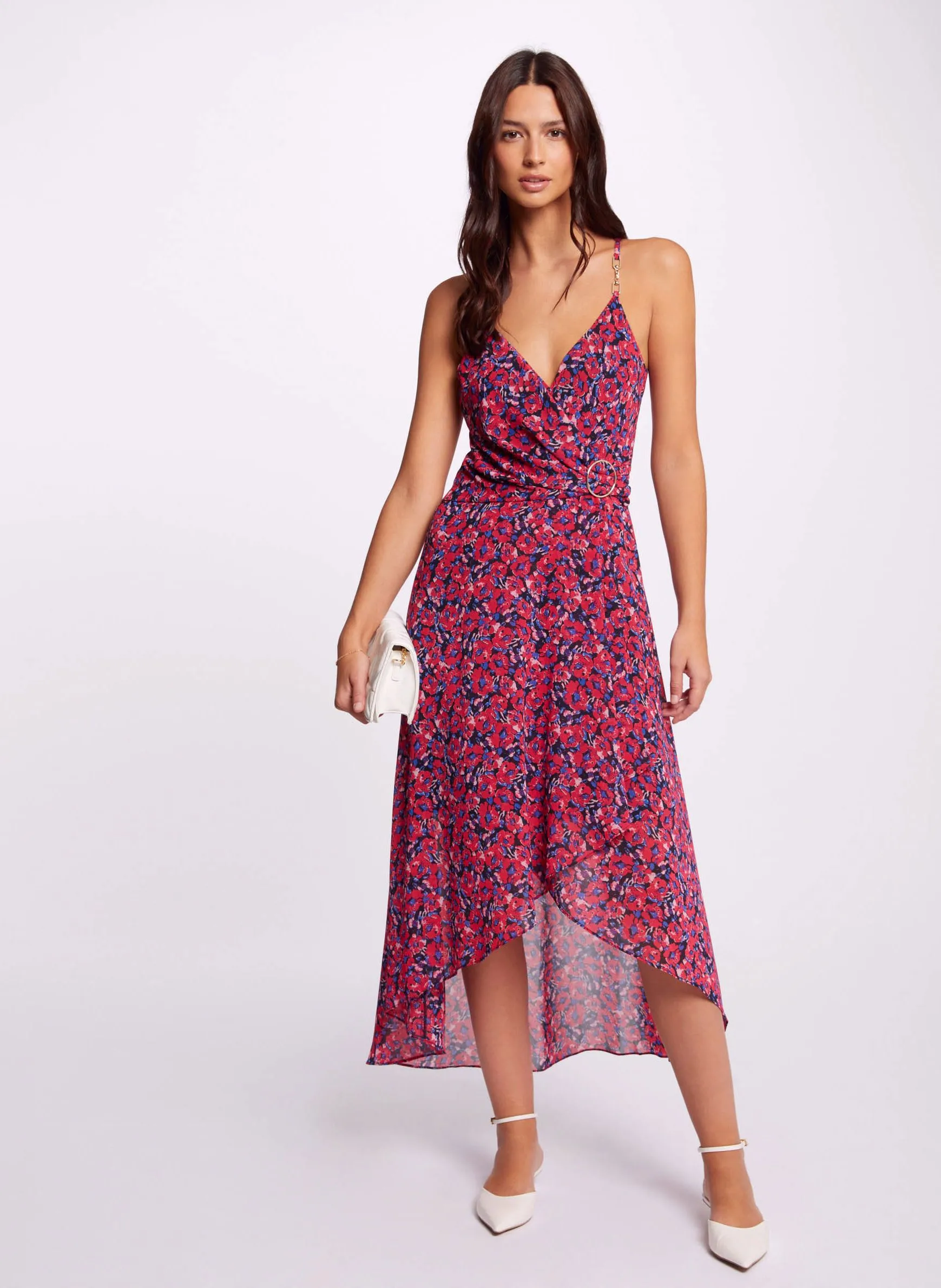 MORGAN REUILY1  VESTIDO LARGO CRUZADO ESTAMPADO EN ROJO