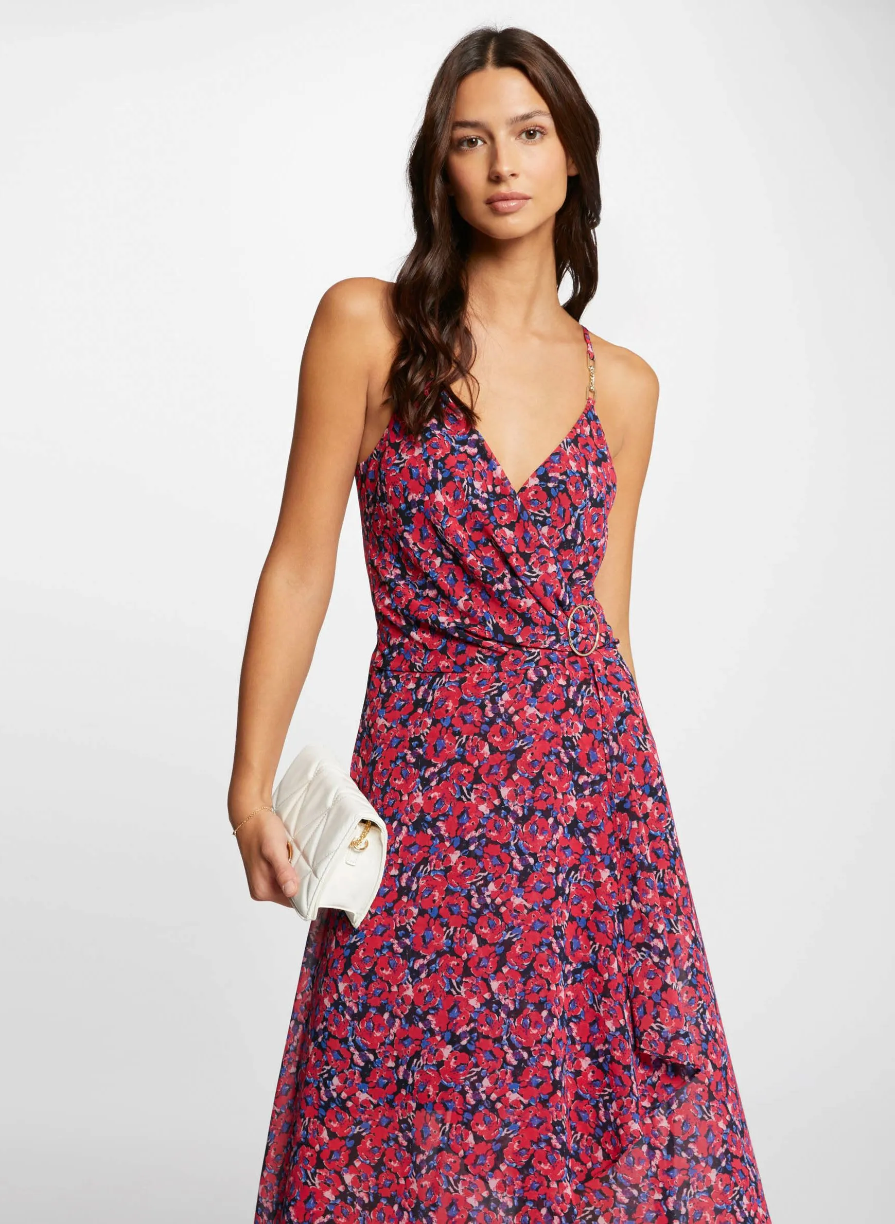MORGAN REUILY1  VESTIDO LARGO CRUZADO ESTAMPADO EN ROJO