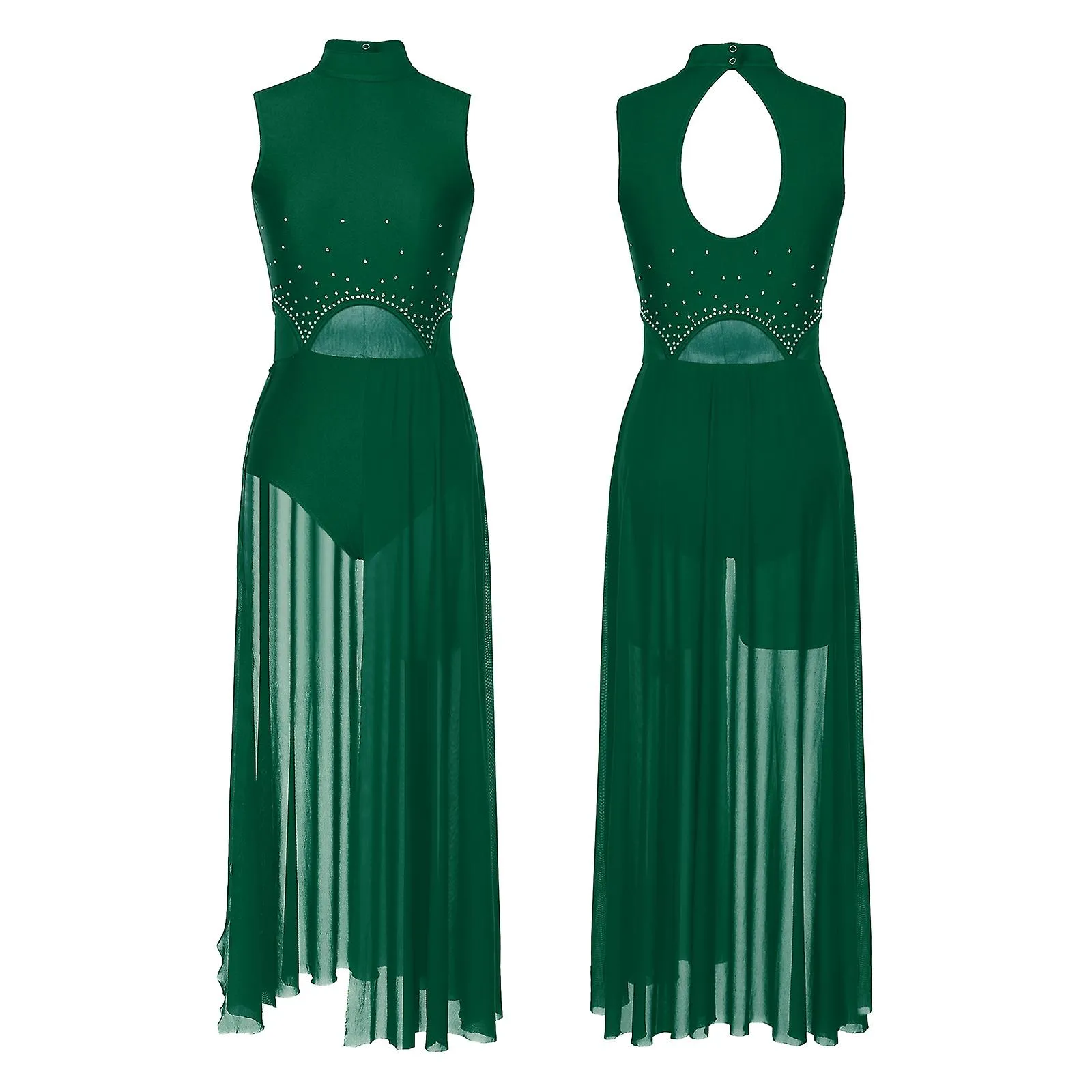 Otwoo Gimnasia Femenina Leotardo Ballet Danza Lírica Vestido Ojo de cerradura Espalda Sin mangas Rhinestone Split Patchwork Prom