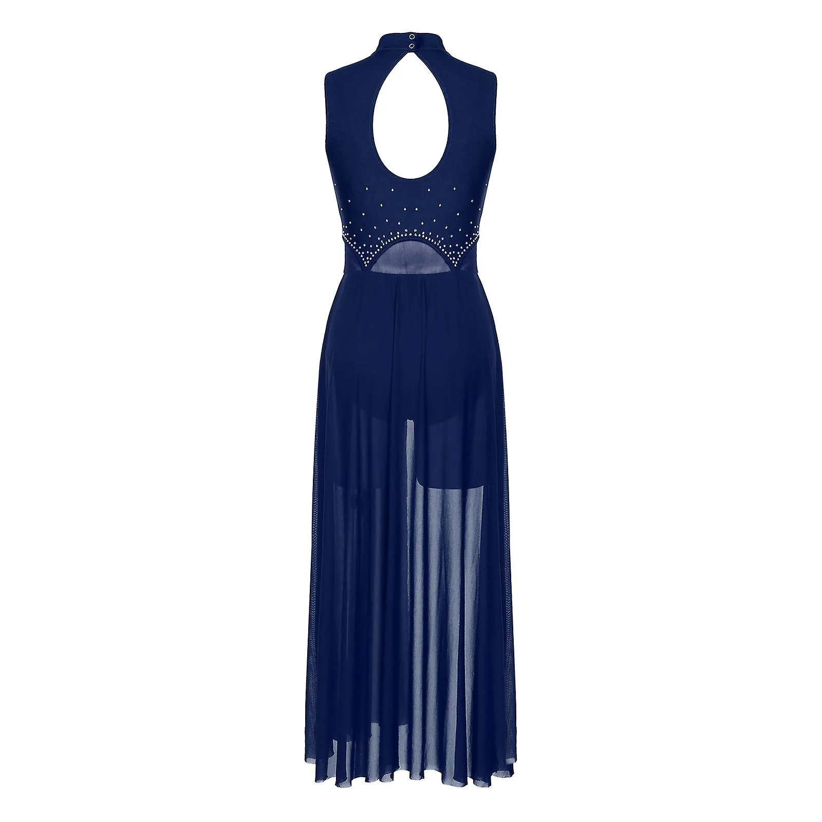 Otwoo Gimnasia Femenina Leotardo Ballet Danza Lírica Vestido Ojo de cerradura Espalda Sin mangas Rhinestone Split Patchwork Prom