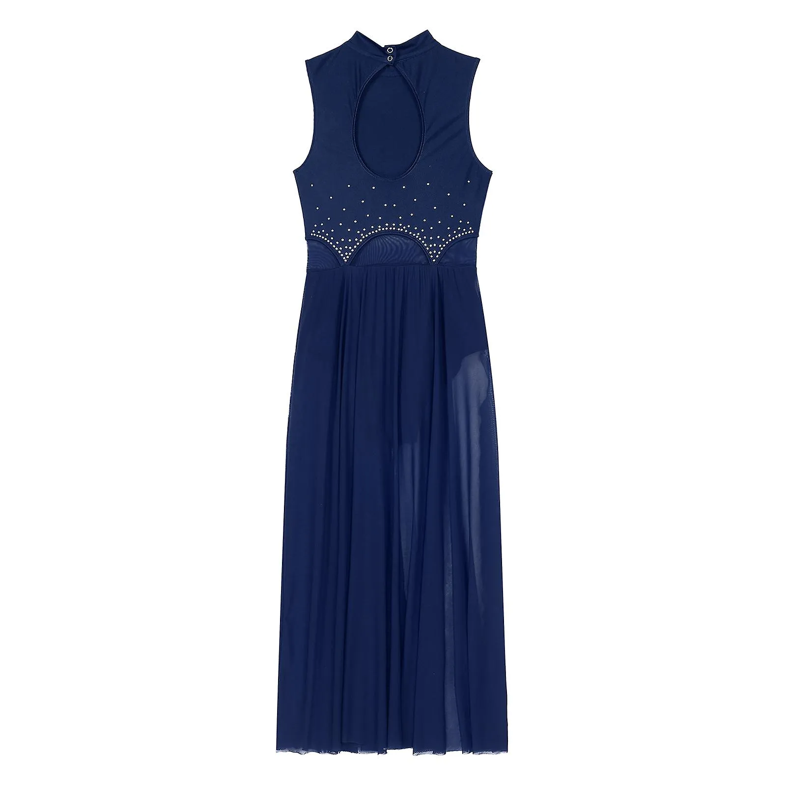 Otwoo Gimnasia Femenina Leotardo Ballet Danza Lírica Vestido Ojo de cerradura Espalda Sin mangas Rhinestone Split Patchwork Prom
