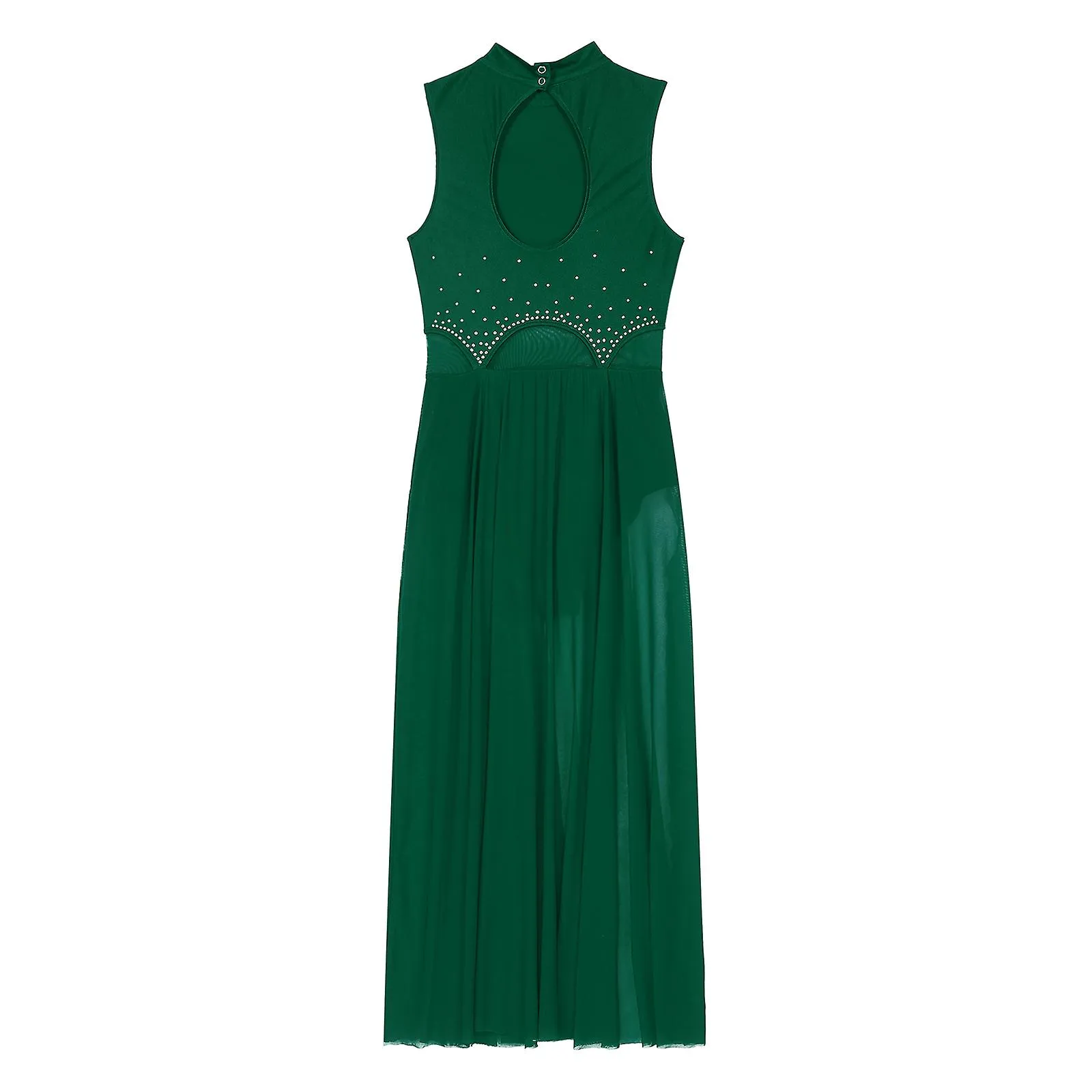 Otwoo Gimnasia Femenina Leotardo Ballet Danza Lírica Vestido Ojo de cerradura Espalda Sin mangas Rhinestone Split Patchwork Prom