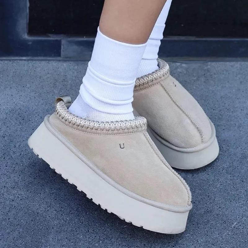 Pantuflas Tazz para mujer Diapositivas de piel de Tasmania Bota clásica ultra mini con plataforma Semilla de mostaza Sin cordone