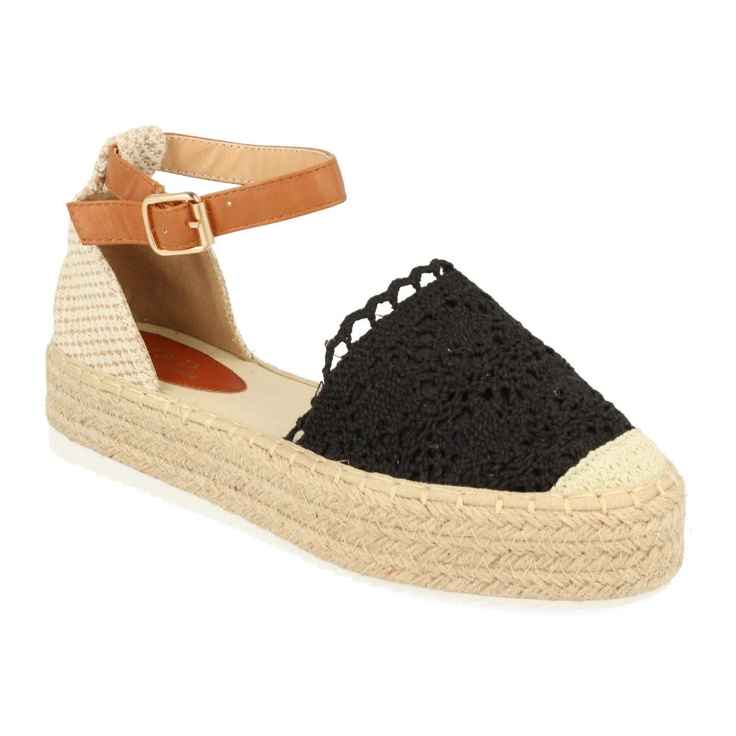 Sandalia plana diseño crochet mujer color negro