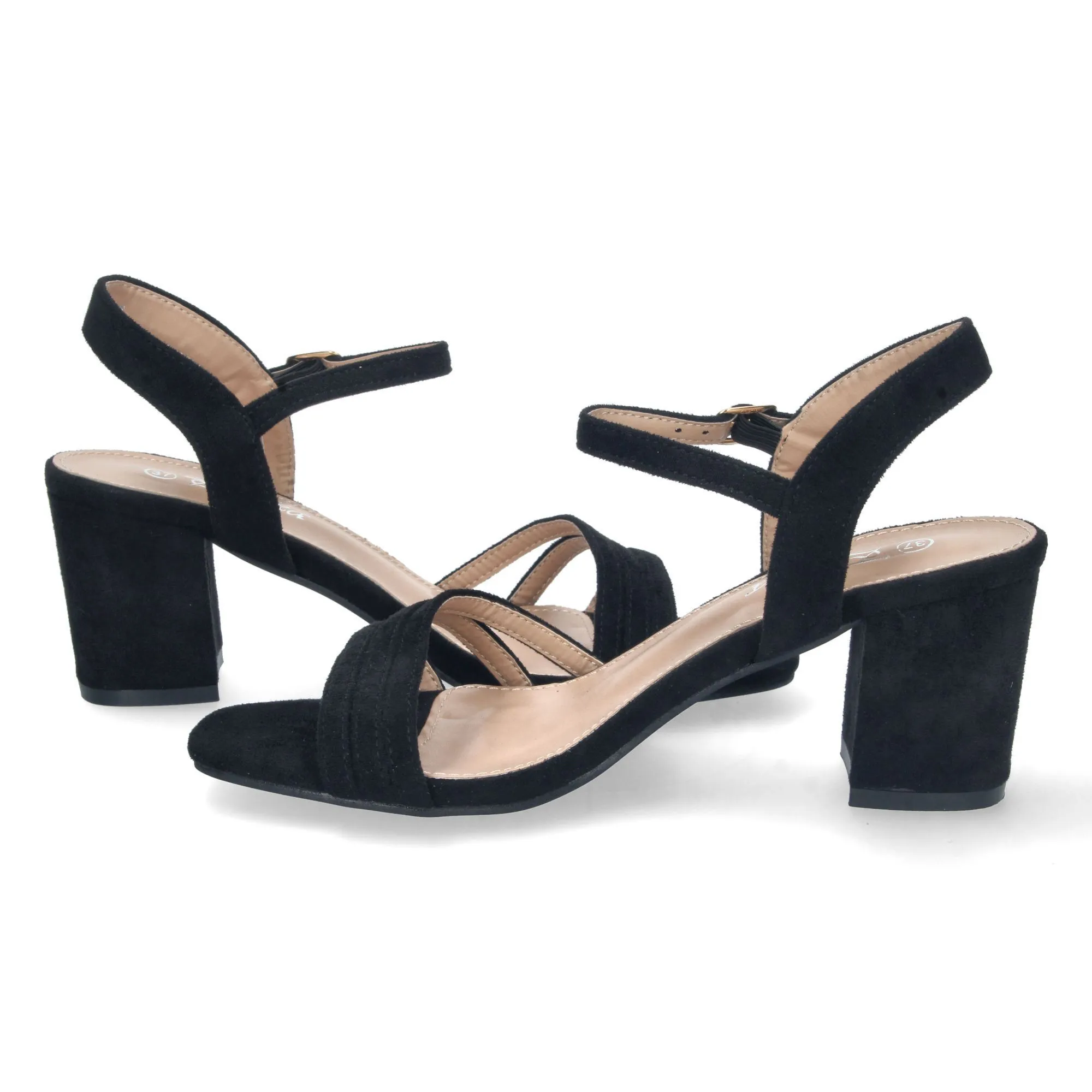Sandalias de tacón bajo pala de tiras mujer color negro