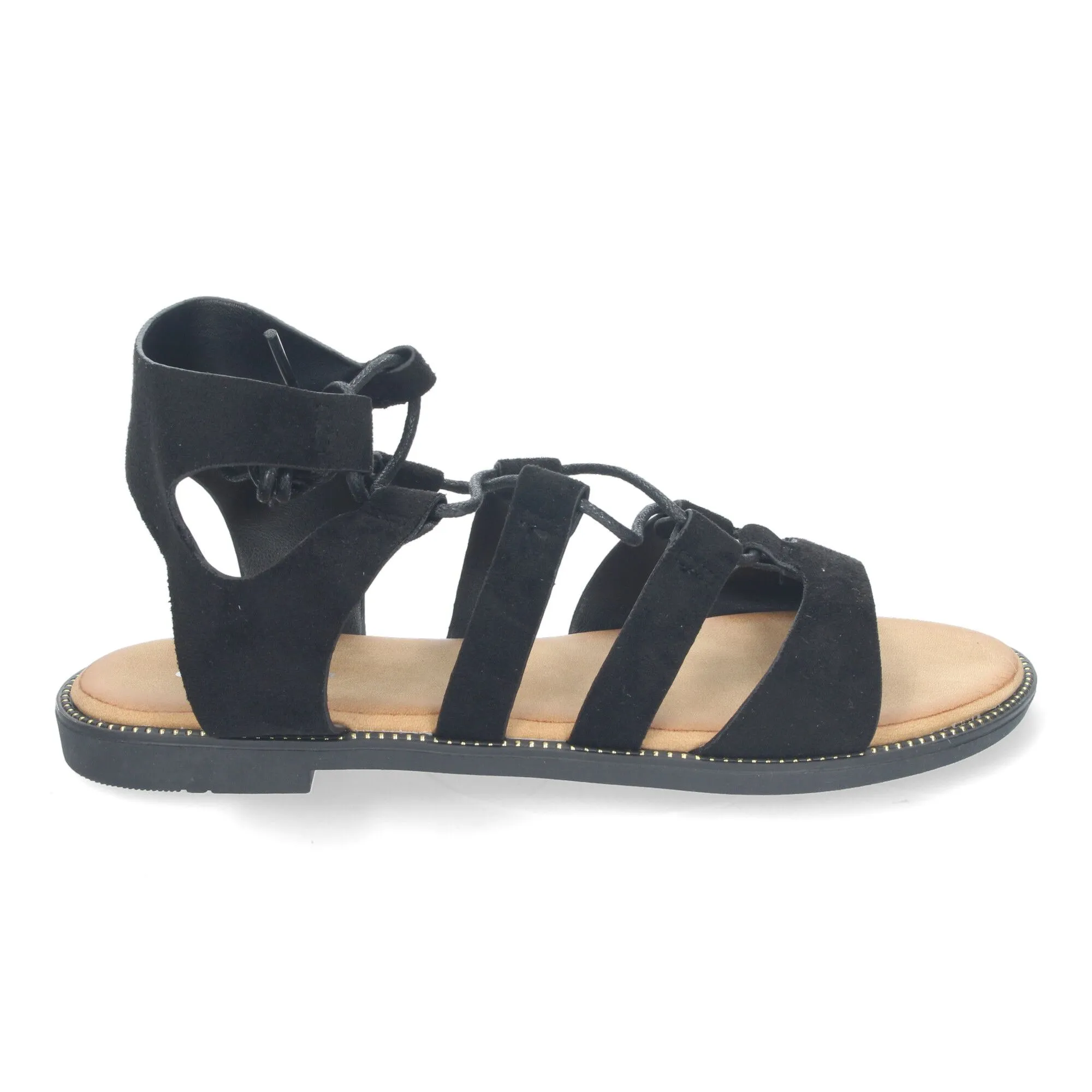 Sandalias planas cómodas elegantes cierre con cordones para mujer color negro TF3110