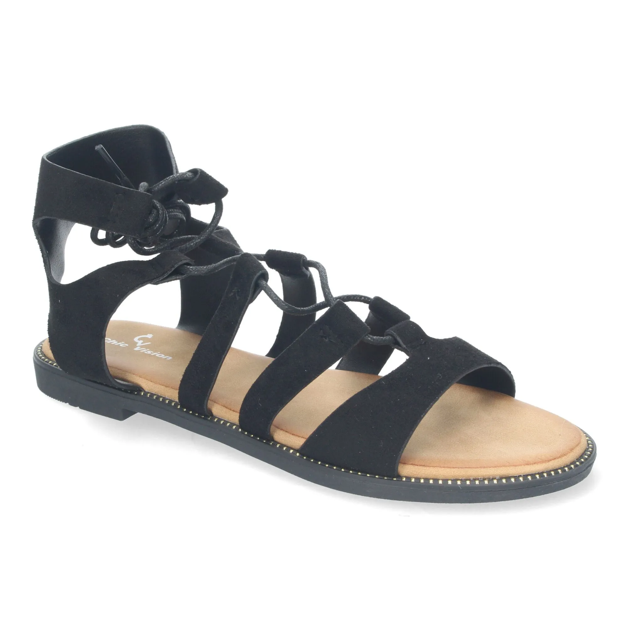 Sandalias planas cómodas elegantes cierre con cordones para mujer color negro TF3110