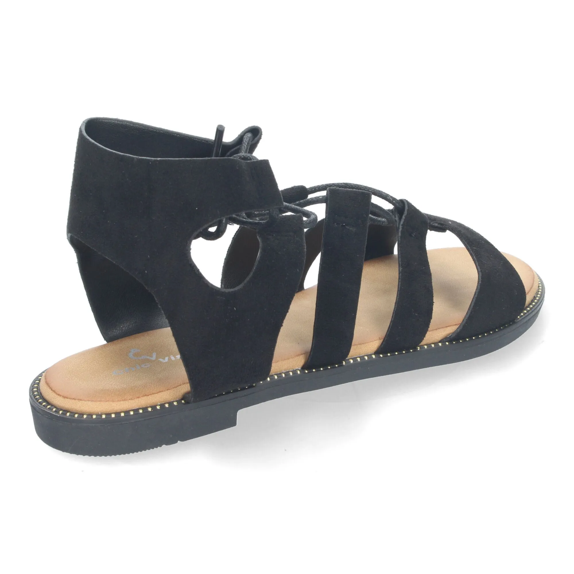 Sandalias planas cómodas elegantes cierre con cordones para mujer color negro TF3110