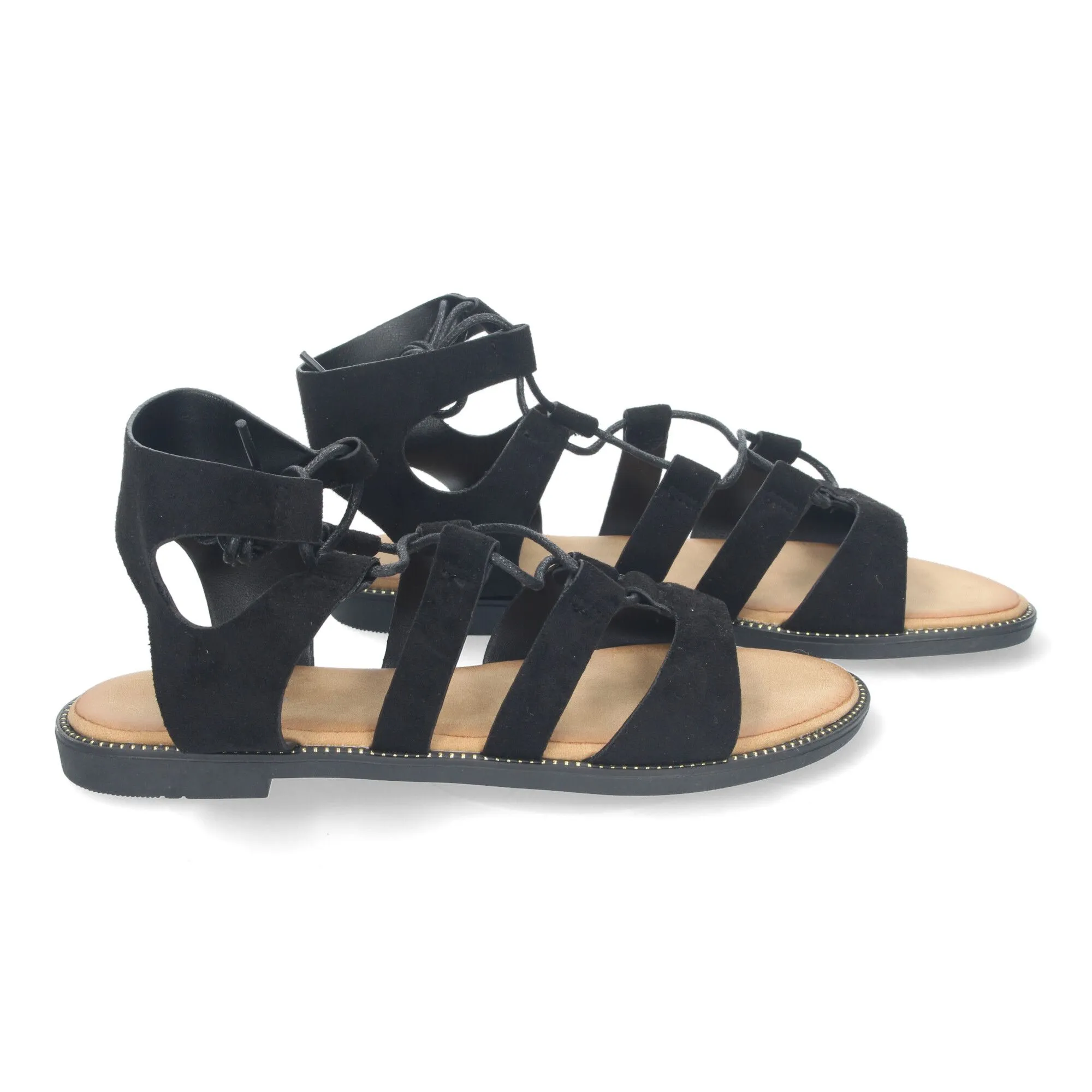 Sandalias planas cómodas elegantes cierre con cordones para mujer color negro TF3110