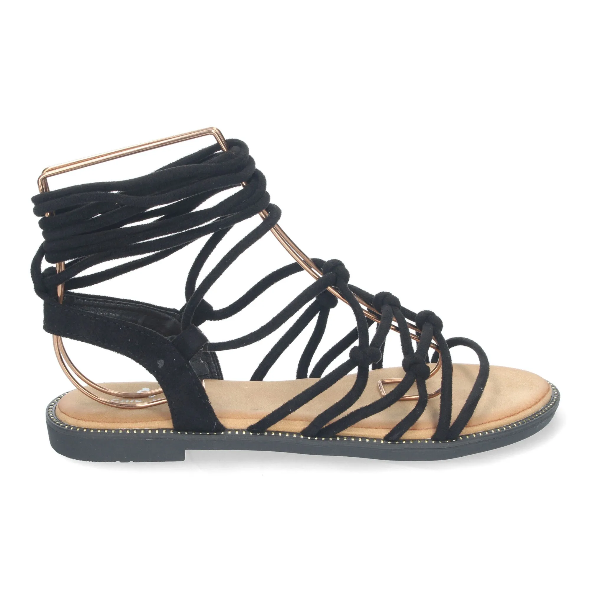 Sandalias planas cómodas lazos trenzados para mujer color negro TF3107