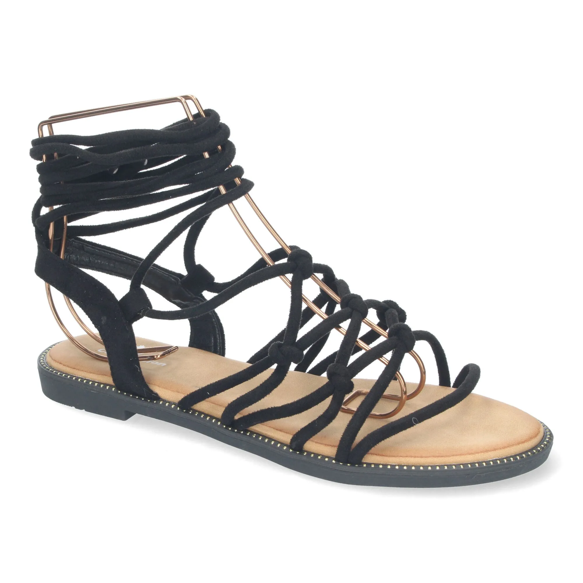 Sandalias planas cómodas lazos trenzados para mujer color negro TF3107