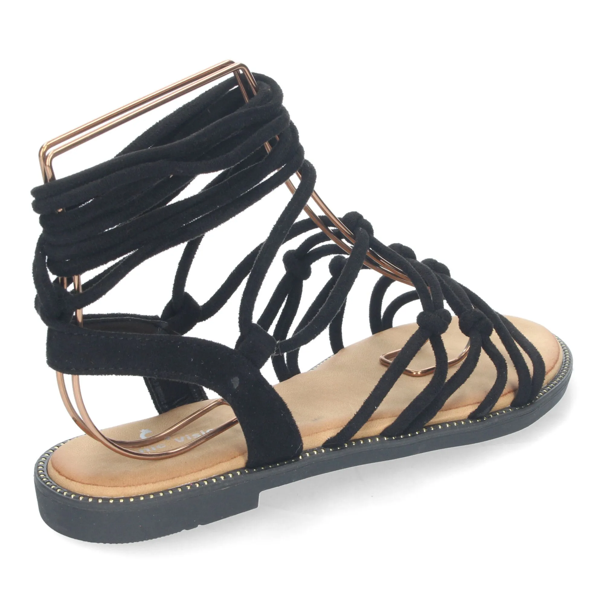 Sandalias planas cómodas lazos trenzados para mujer color negro TF3107