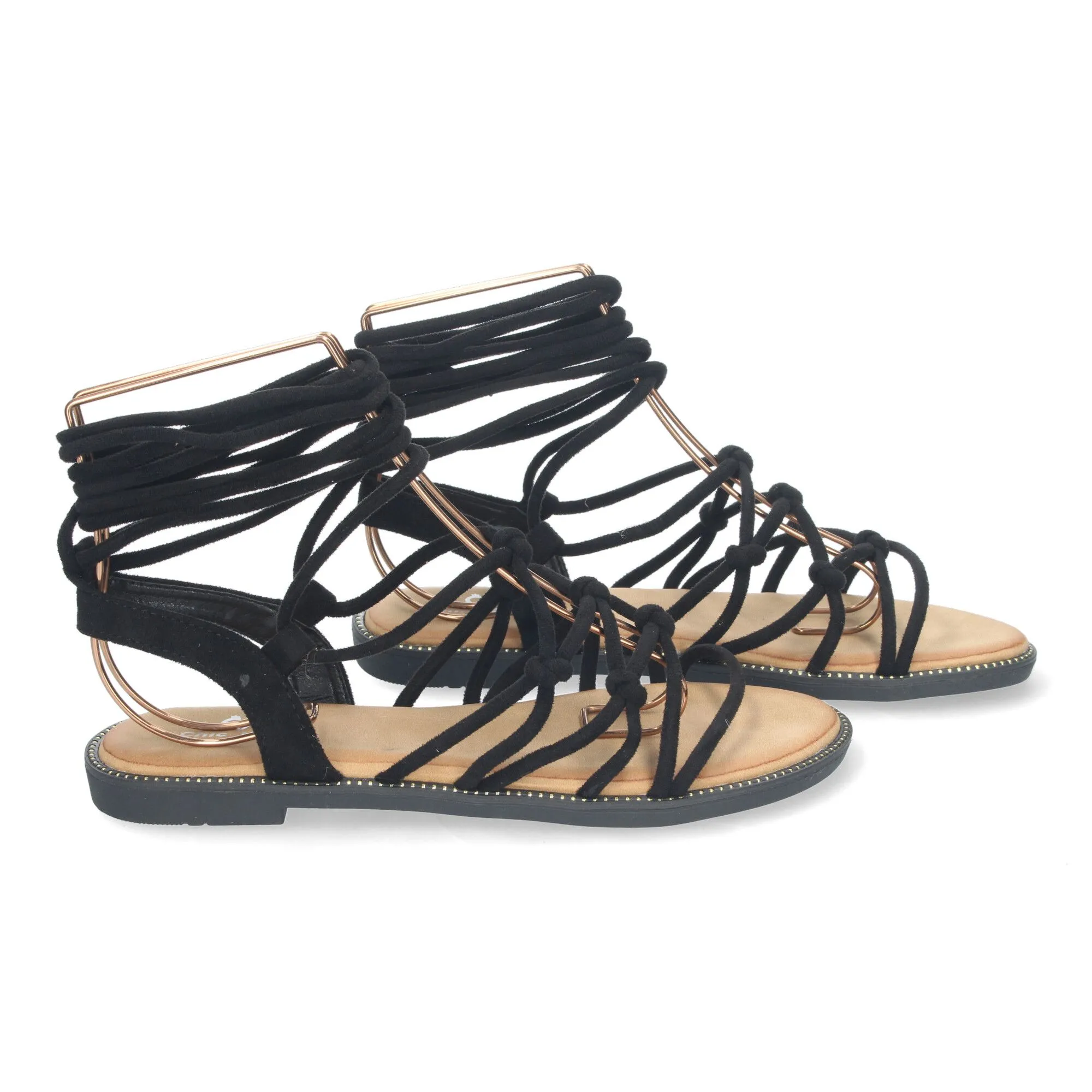Sandalias planas cómodas lazos trenzados para mujer color negro TF3107