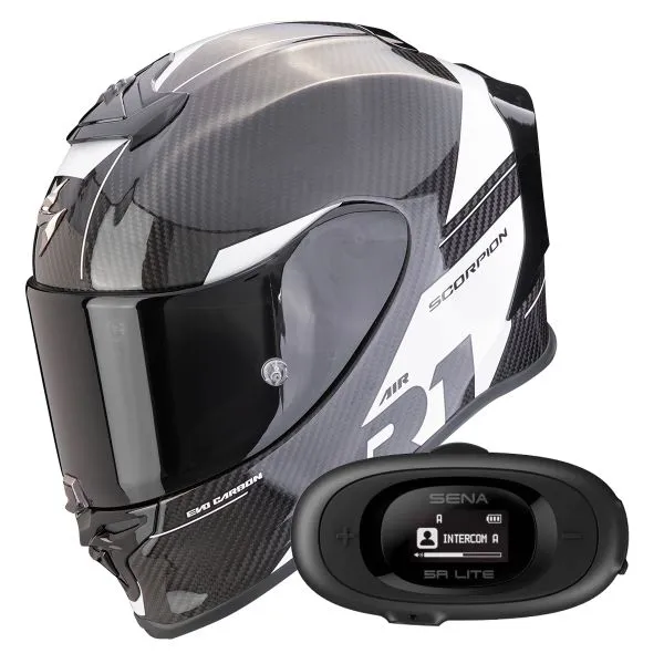 Scorpion Exo R1 Evo Carbon Air Rally Black White + Kit bluetooth 5R Lite Solo 