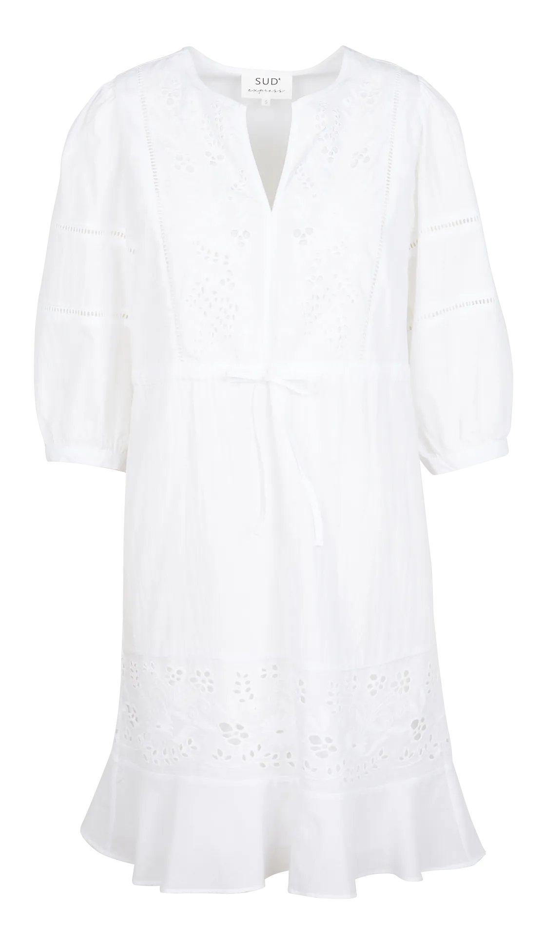 SUD EXPRESS ROMILDA  VESTIDO RECTO CON CUELLO TUNECINO DE ALGODóN BORDADO EN BLANCO