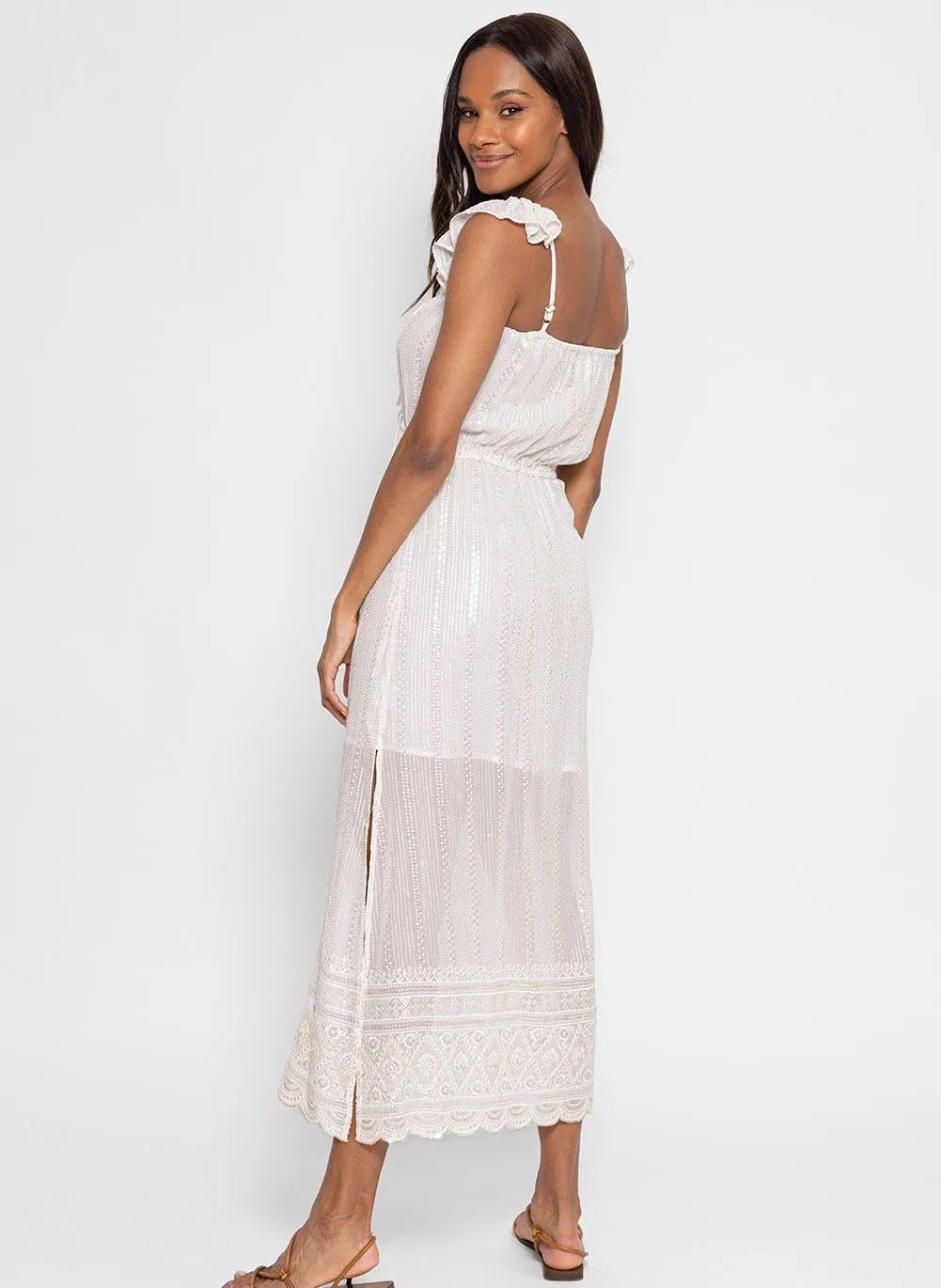 SUNDRESS AMOUR  VESTIDO LARGO RECTO BORDADO CON CUELLO CUADRADO EN BLANCO
