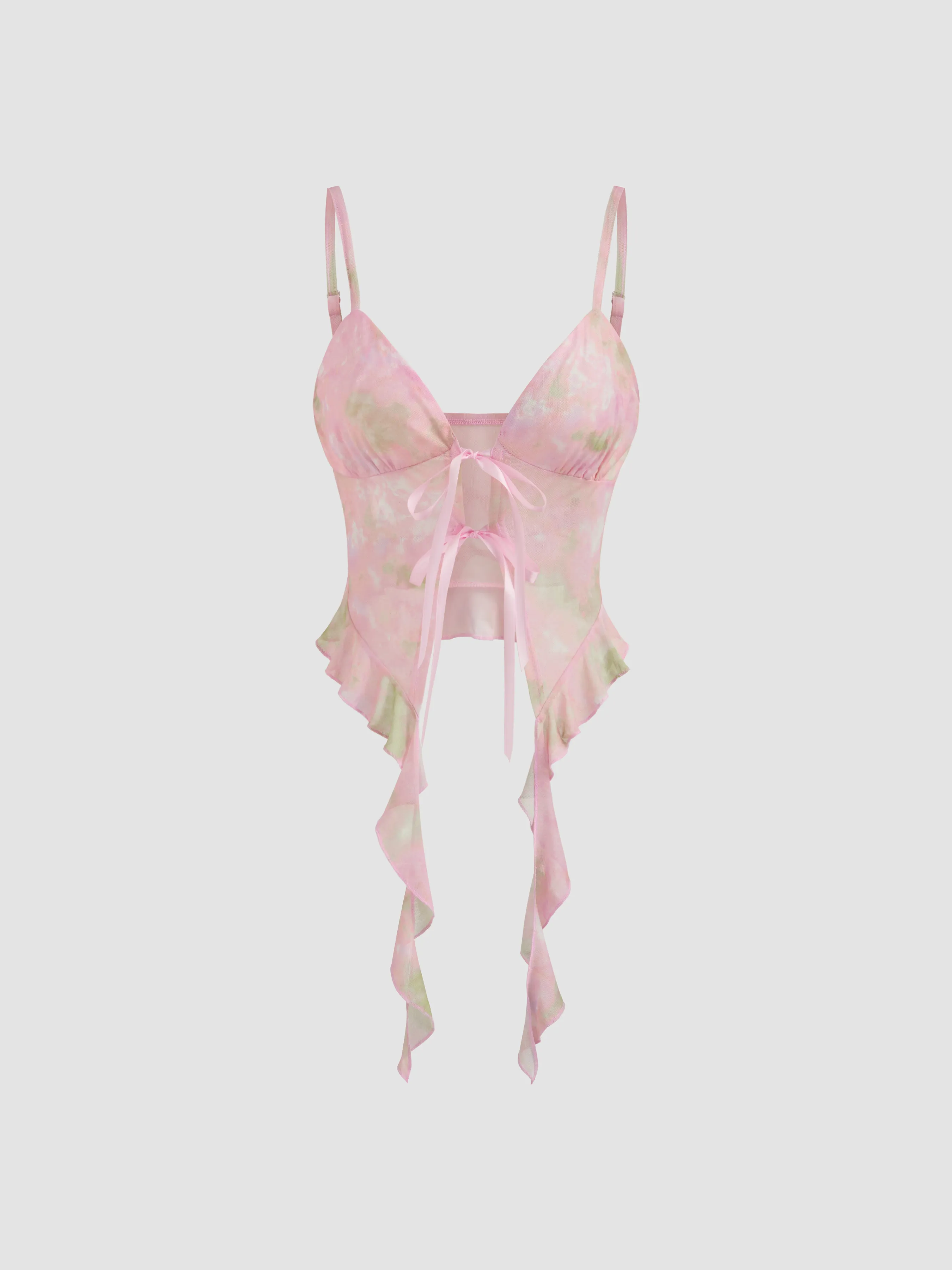 Top Cami con nudo y volante en el bajo de cuello en V de malla
