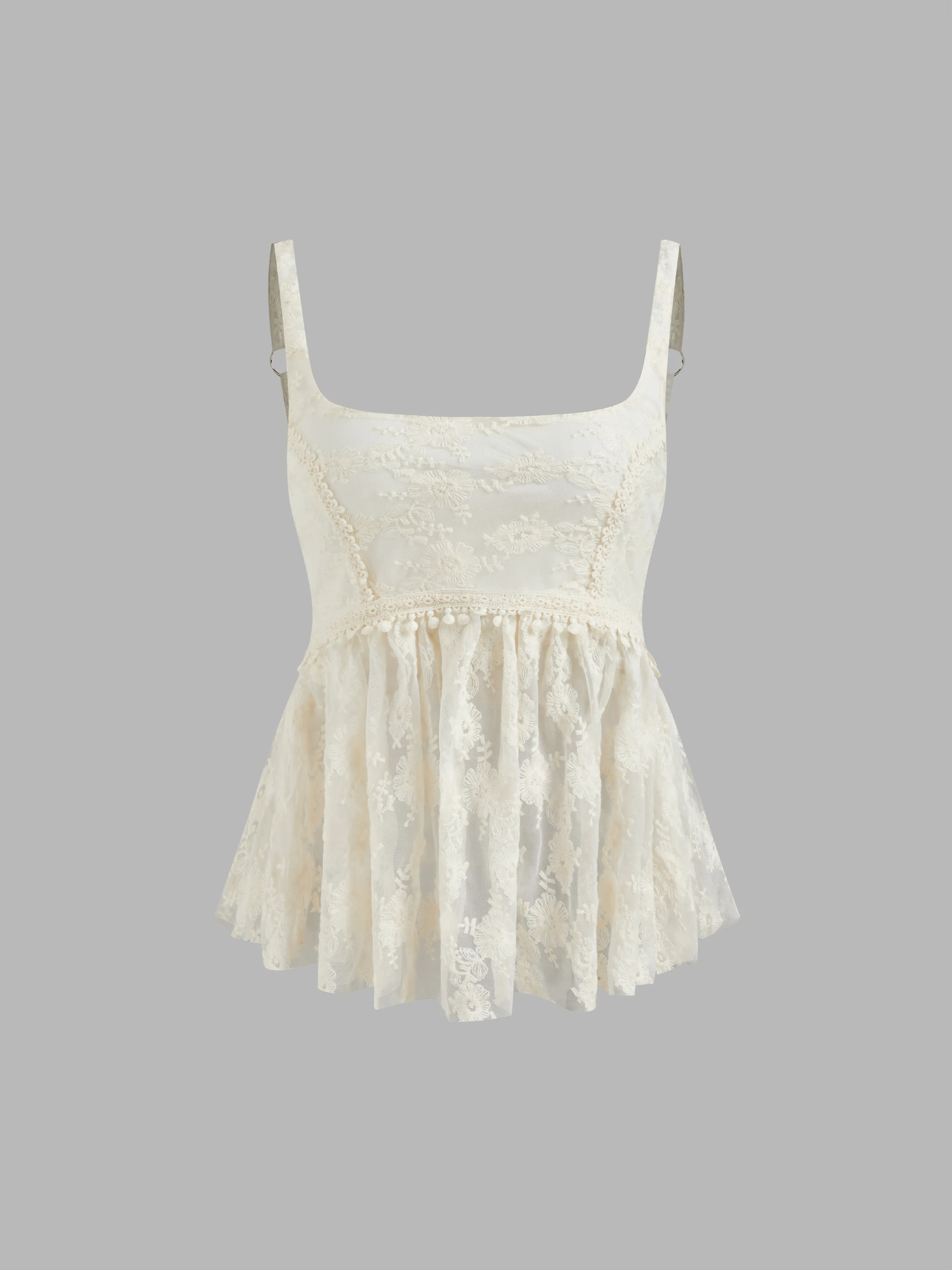 Top Cami con Volante en el Dobladillo y Cuello Redondo de Encaje Sólido