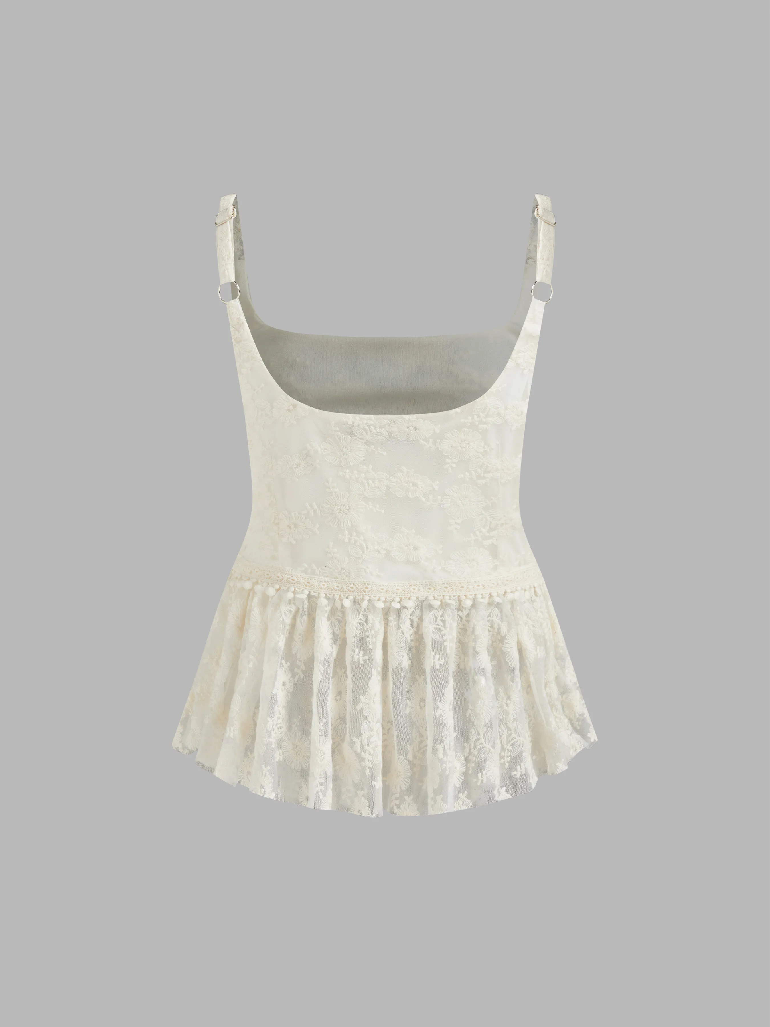 Top Cami con Volante en el Dobladillo y Cuello Redondo de Encaje Sólido