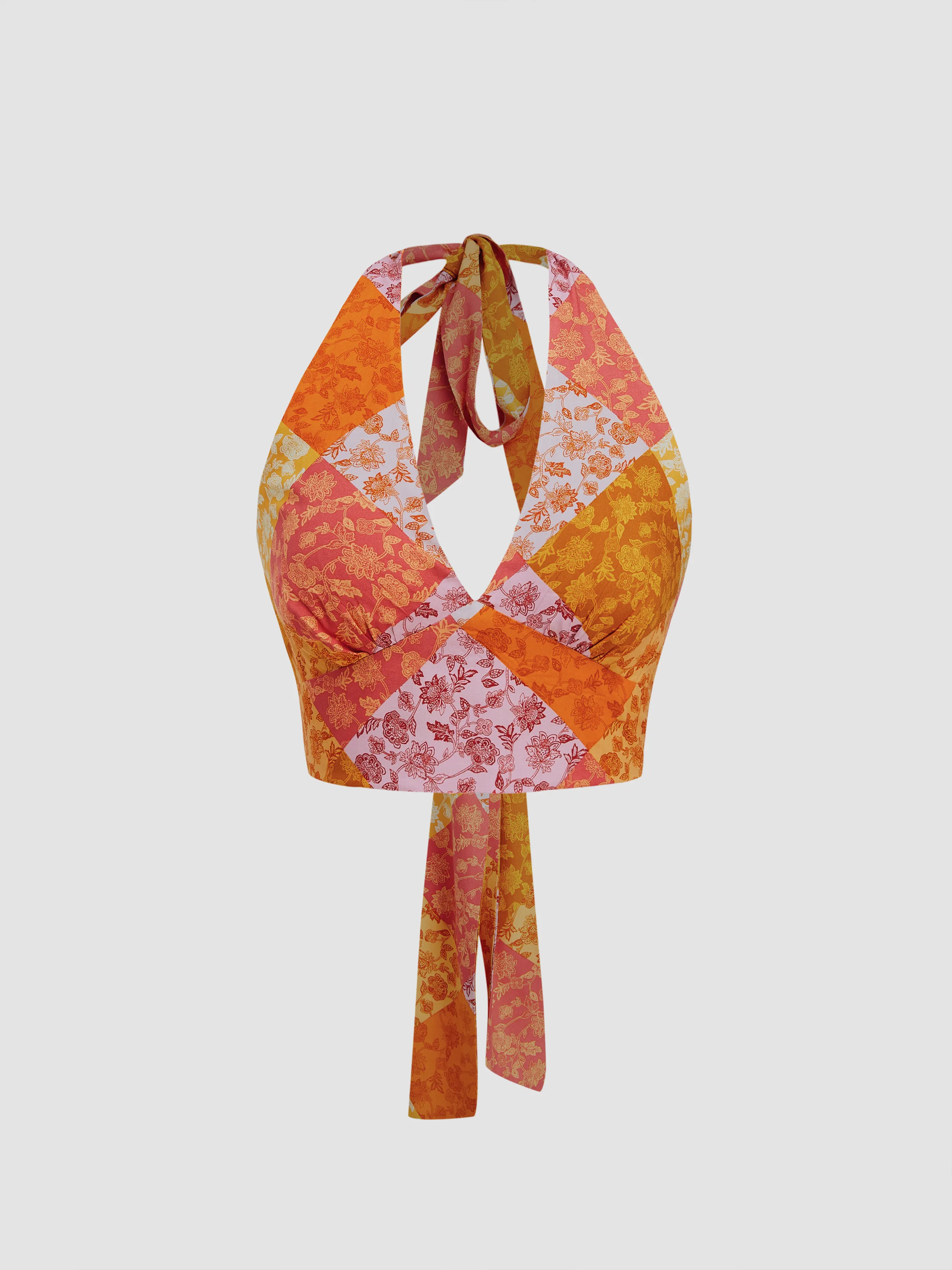 Top Corto Anudado Colorblock con Cuello Halter en V