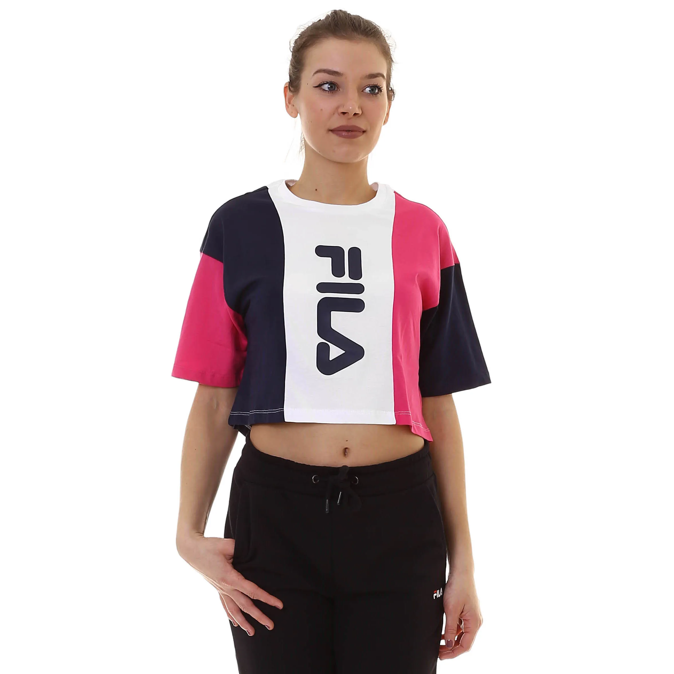Top manga corta FILA chica Bai Cropped Tee Ref.687492 blanca fucsia y marino logo fila vertical