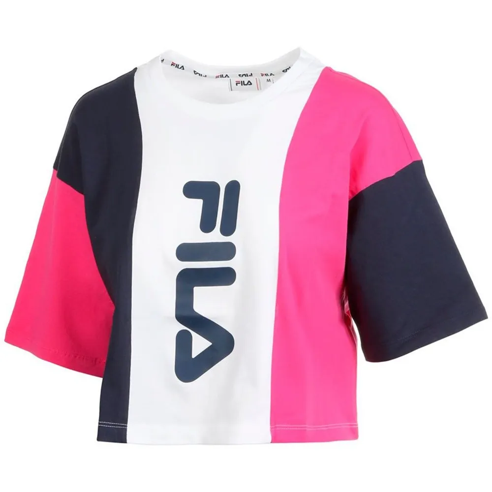 Top manga corta FILA chica Bai Cropped Tee Ref.687492 blanca fucsia y marino logo fila vertical