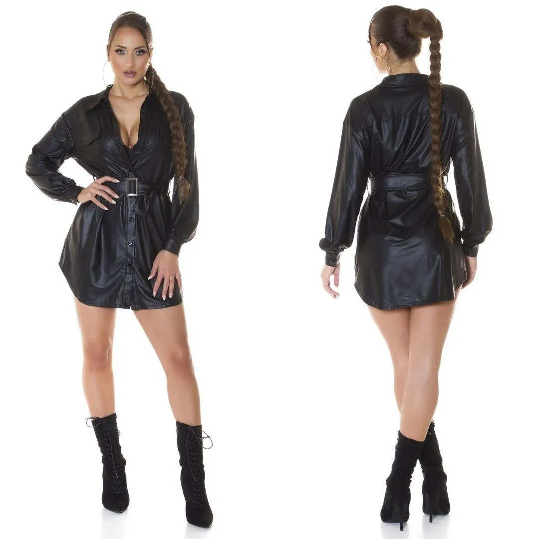 Vestido camisero polipiel Negro