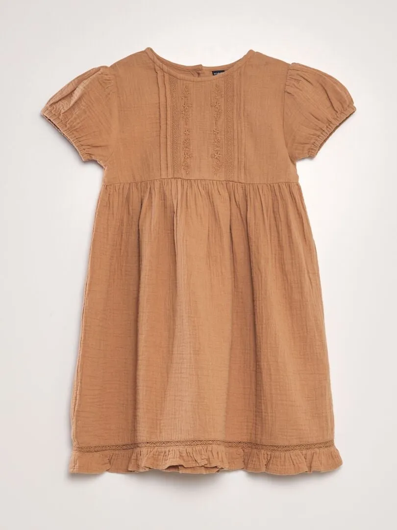 VESTIDO DE GASA DE ALGODóN CON BORDADO  MARRON