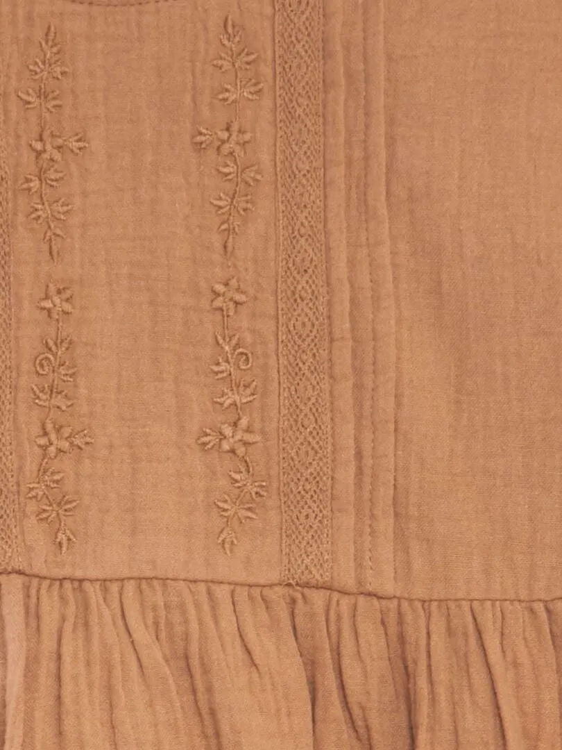 VESTIDO DE GASA DE ALGODóN CON BORDADO  MARRON