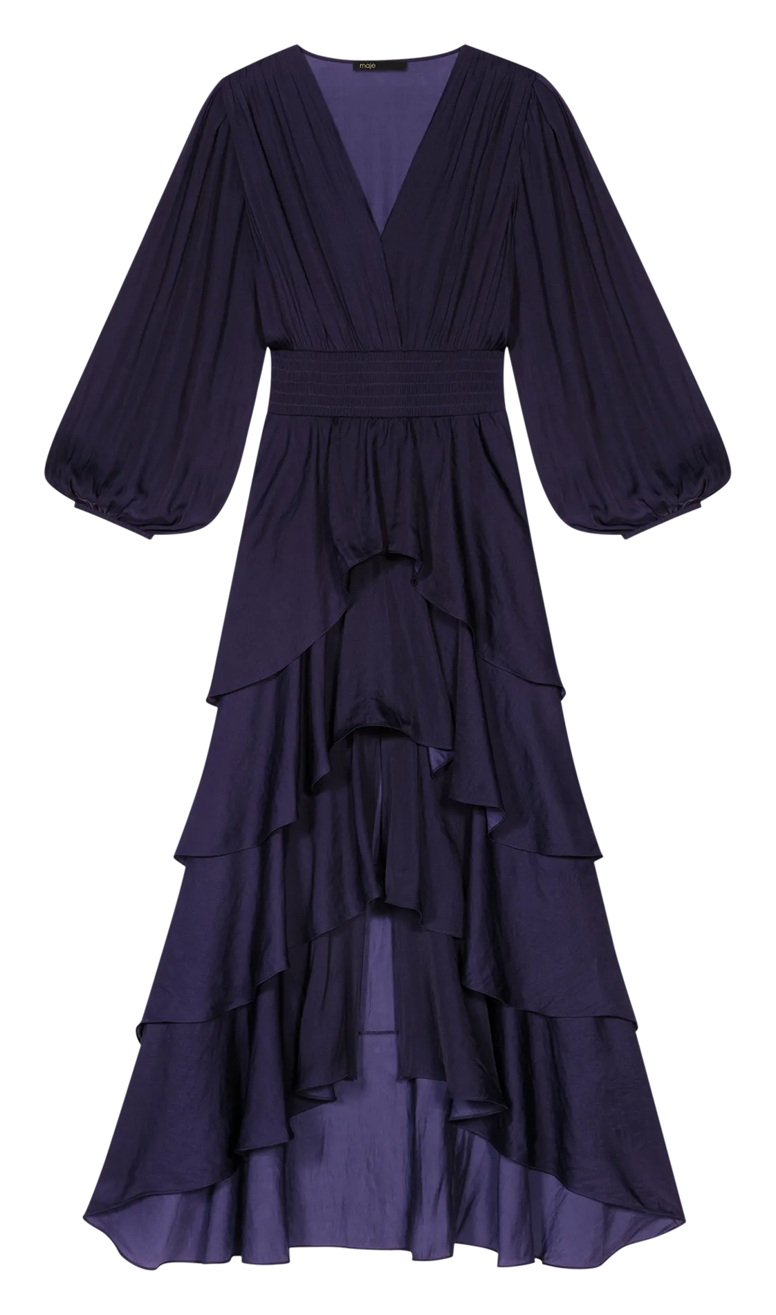 Vestido largo con cuello de pico y volantes en azul