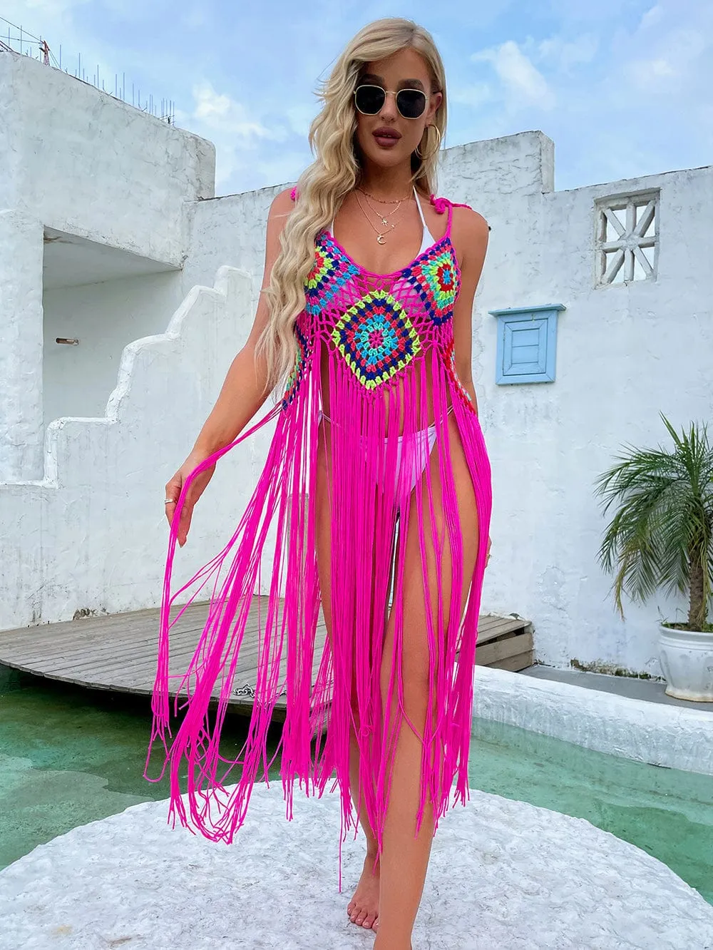 Vestido largo de playa con bordado y flecos