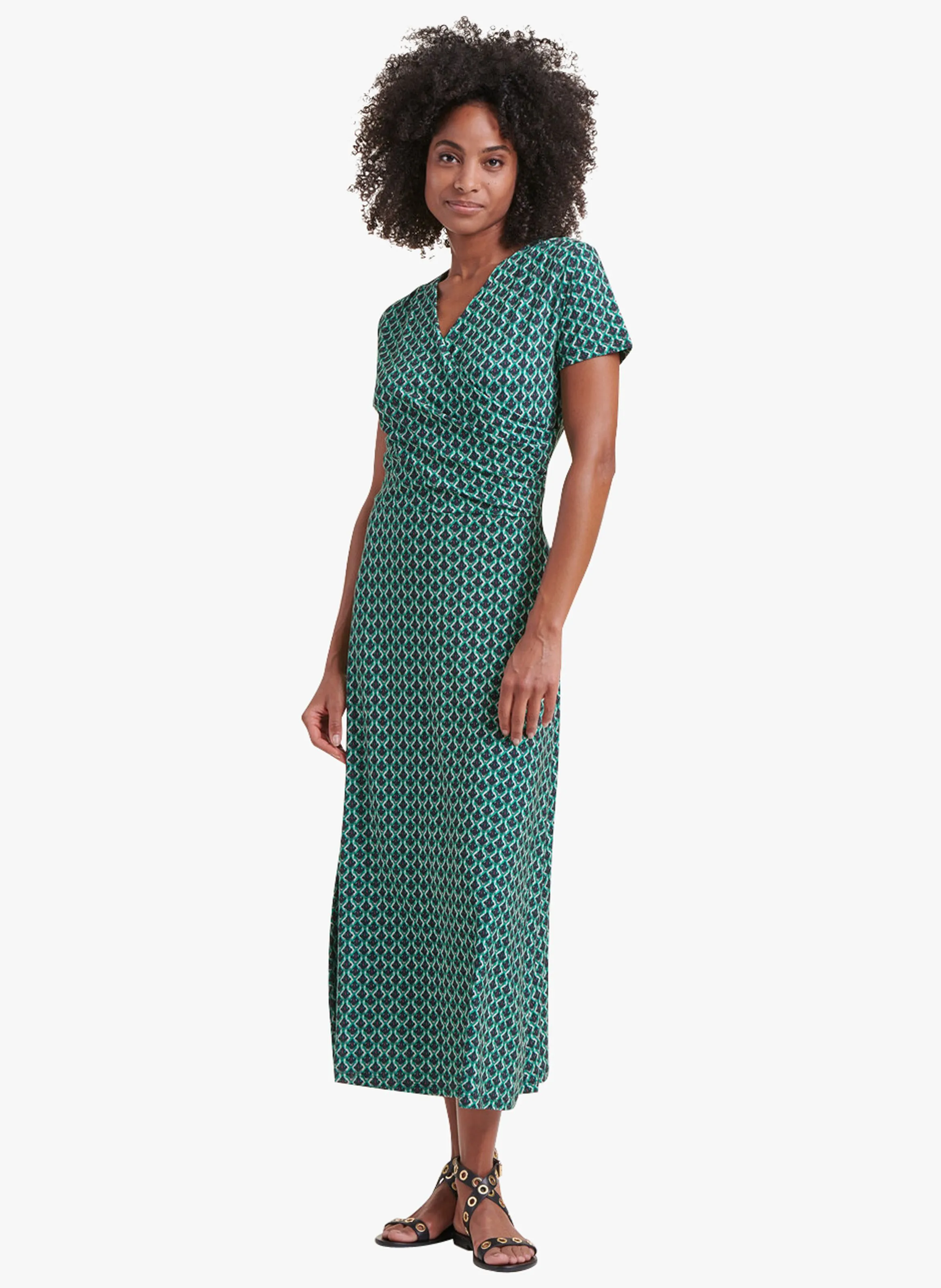 Vestido largo de punto ajustado drapeado con estampado en azul