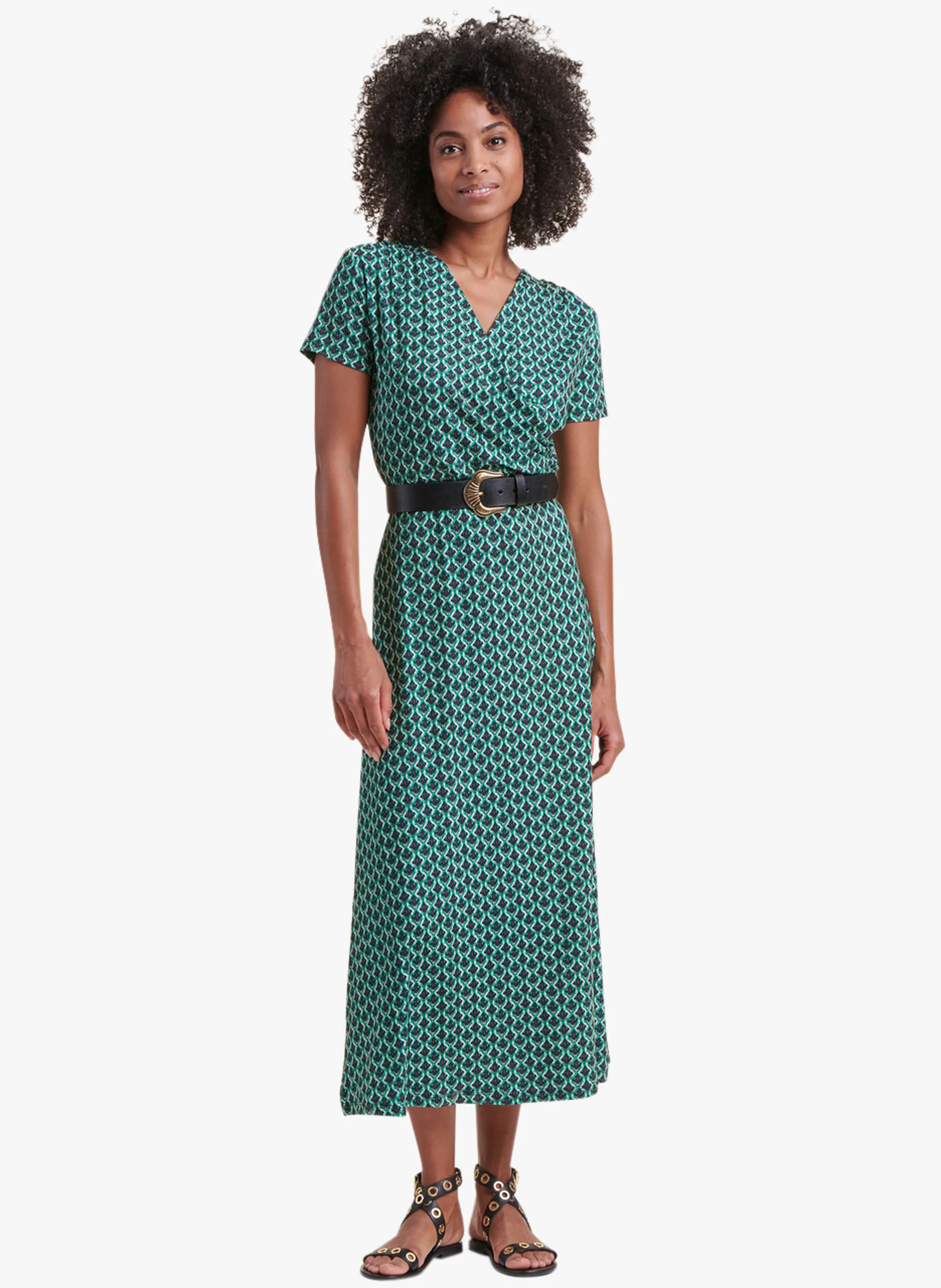 Vestido largo de punto ajustado drapeado con estampado en azul