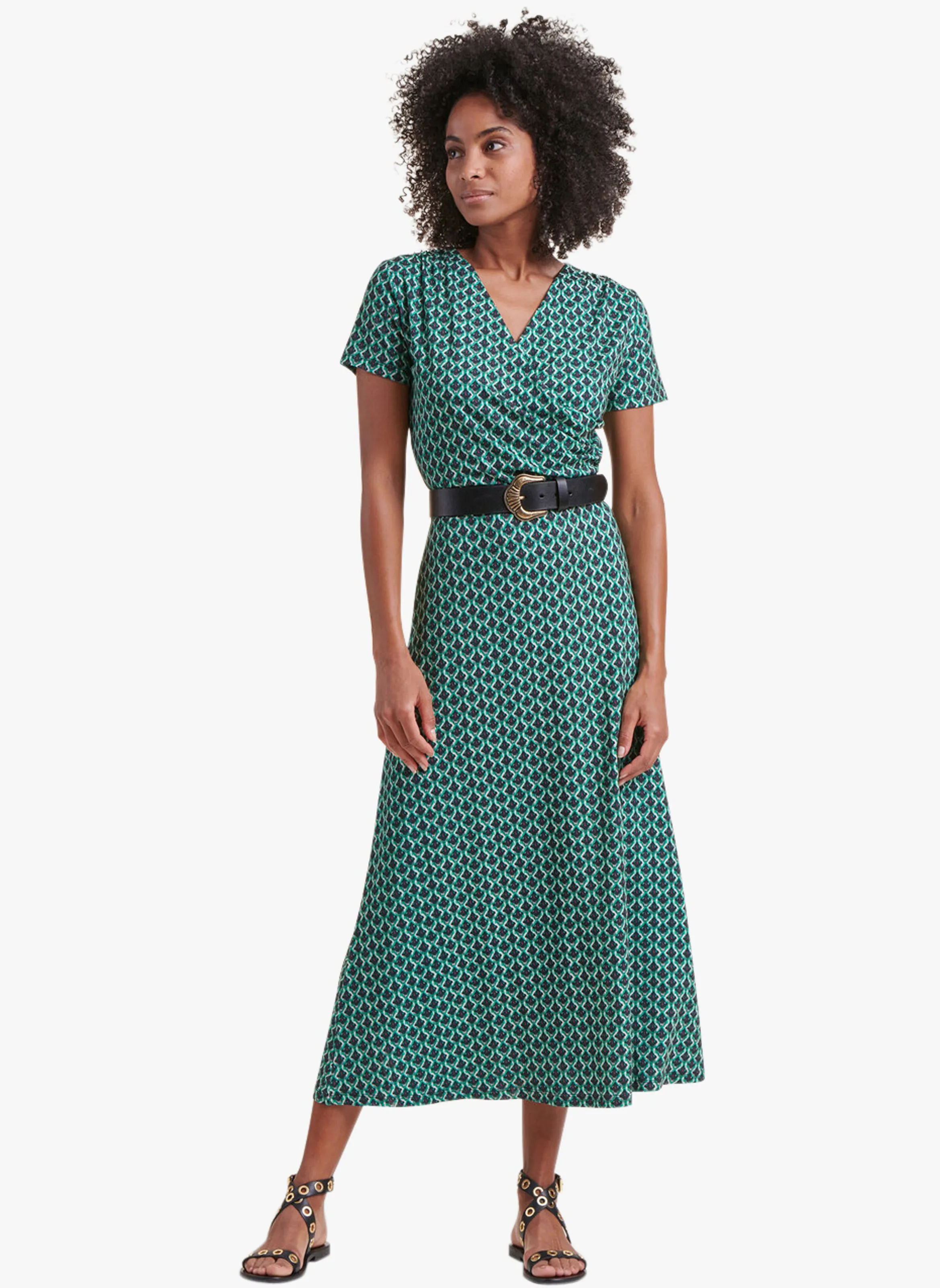 Vestido largo de punto ajustado drapeado con estampado en azul