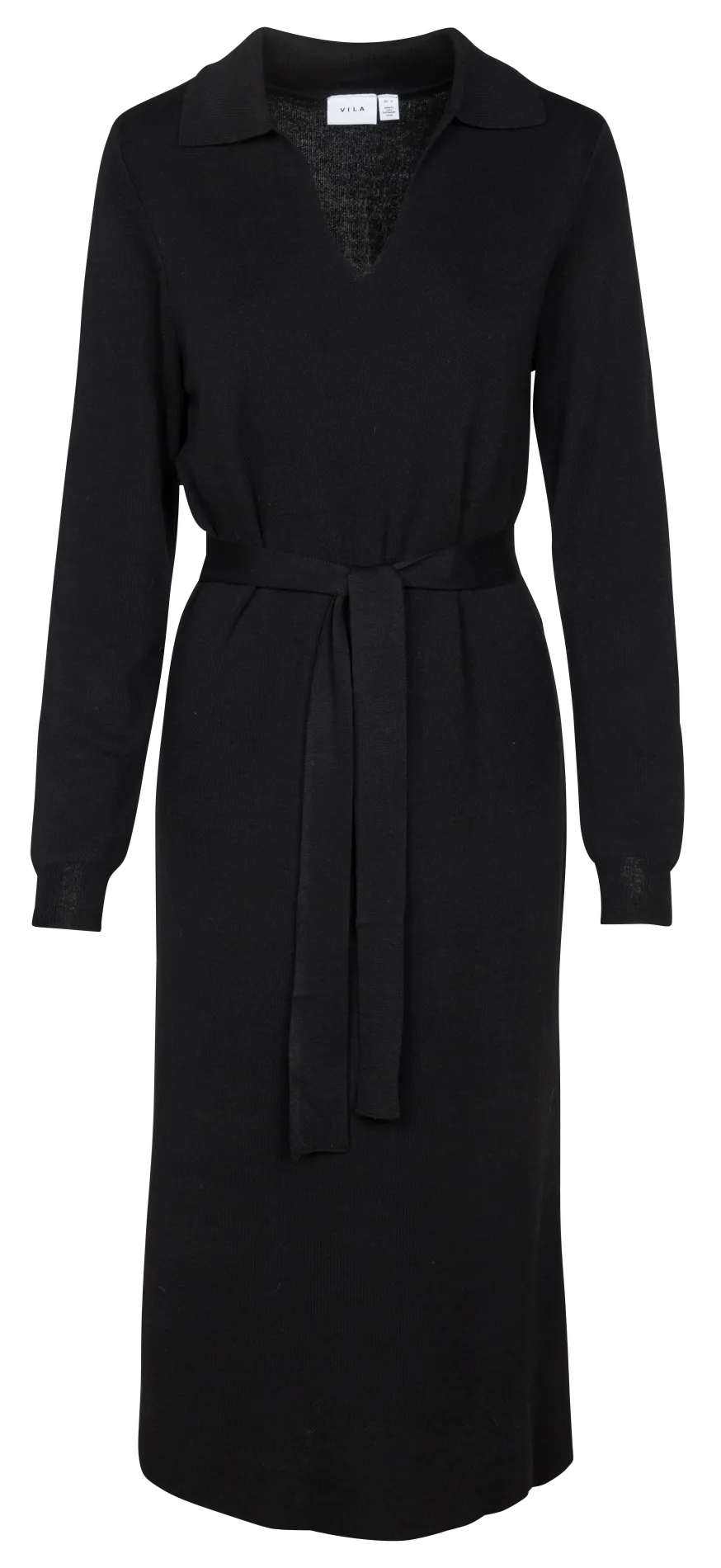 Vestido midi con cuello de pico con vuelta en negro