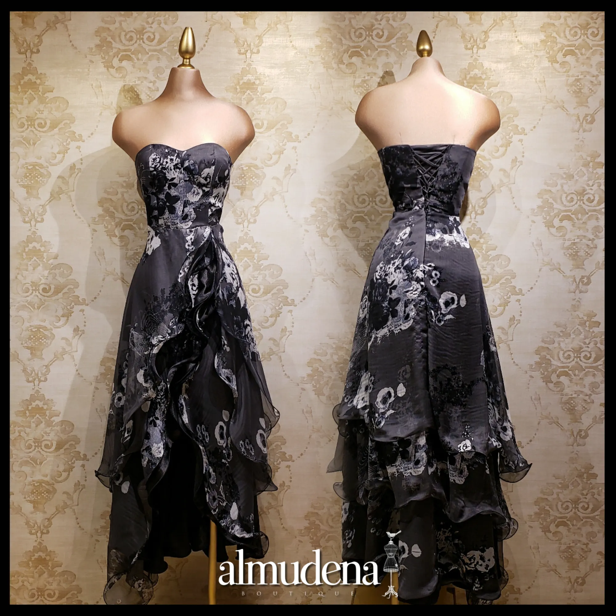 Vestido Negro con Blanco Largo con Estampado