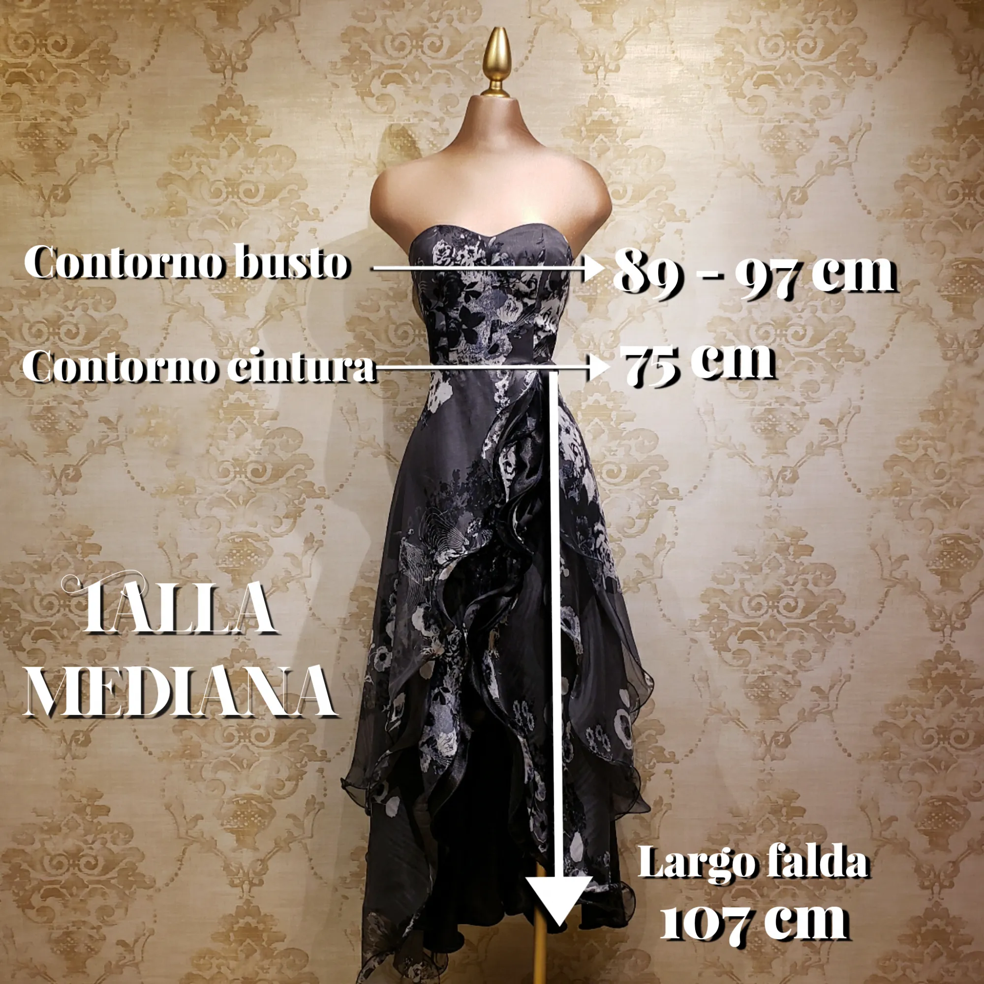 Vestido Negro con Blanco Largo con Estampado