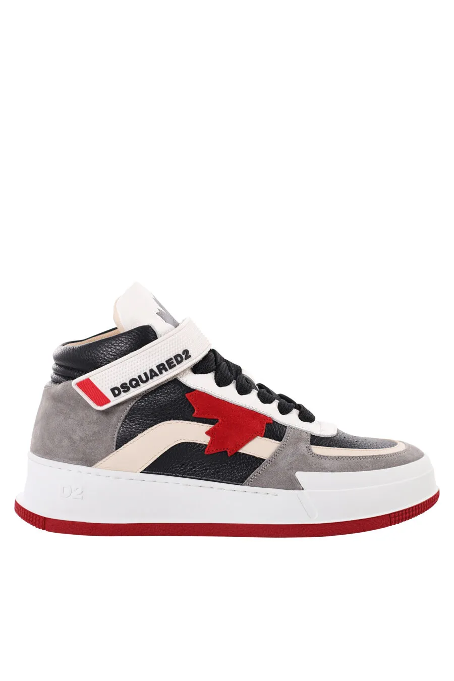 Zapatillas altas gris y negras con logo en velcro y suela roja