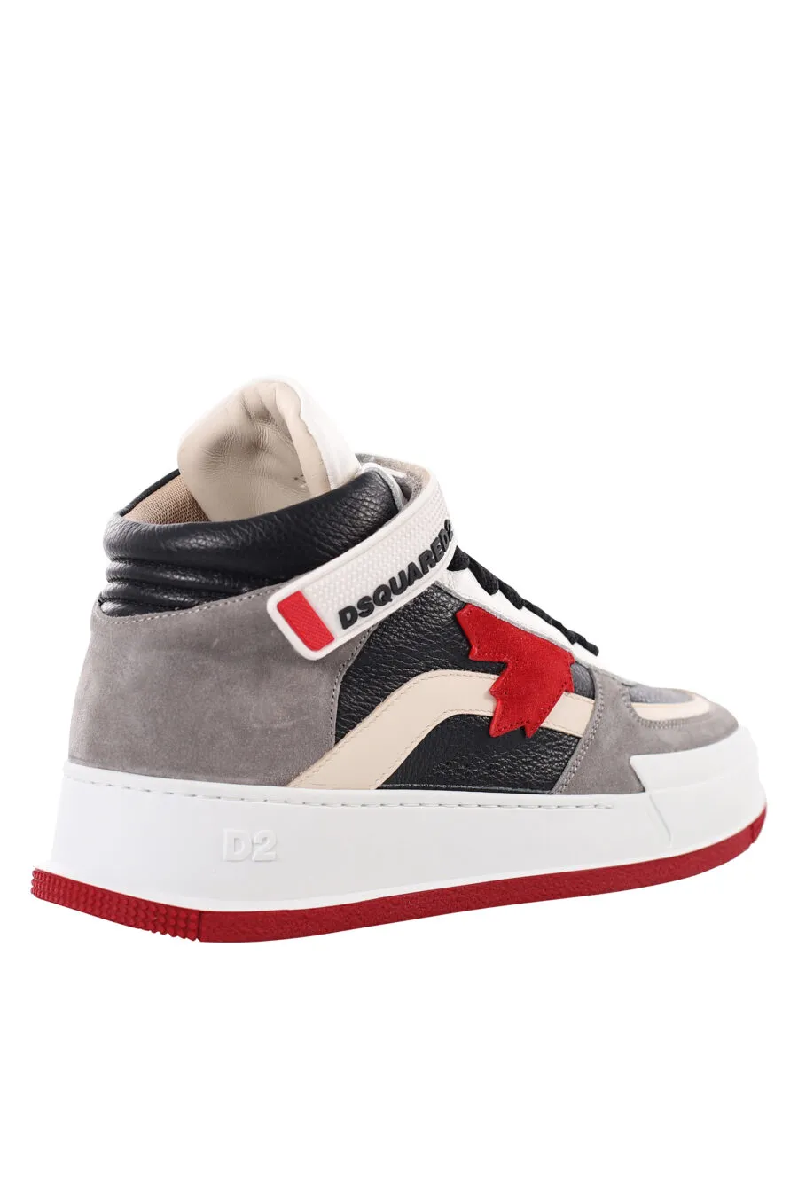 Zapatillas altas gris y negras con logo en velcro y suela roja
