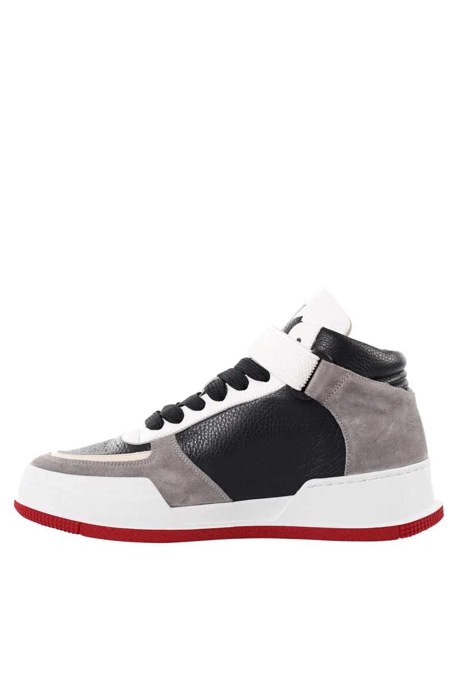 Zapatillas altas gris y negras con logo en velcro y suela roja